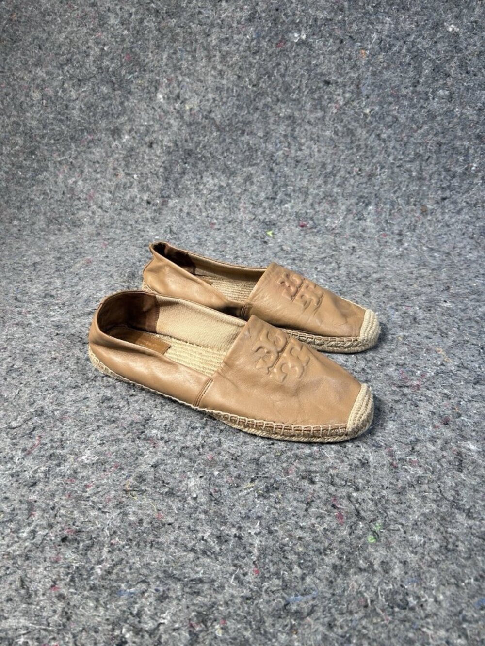 Tory Burch Ines Leather Espadrille Flats Tan Double T Logo Women's US 10.5